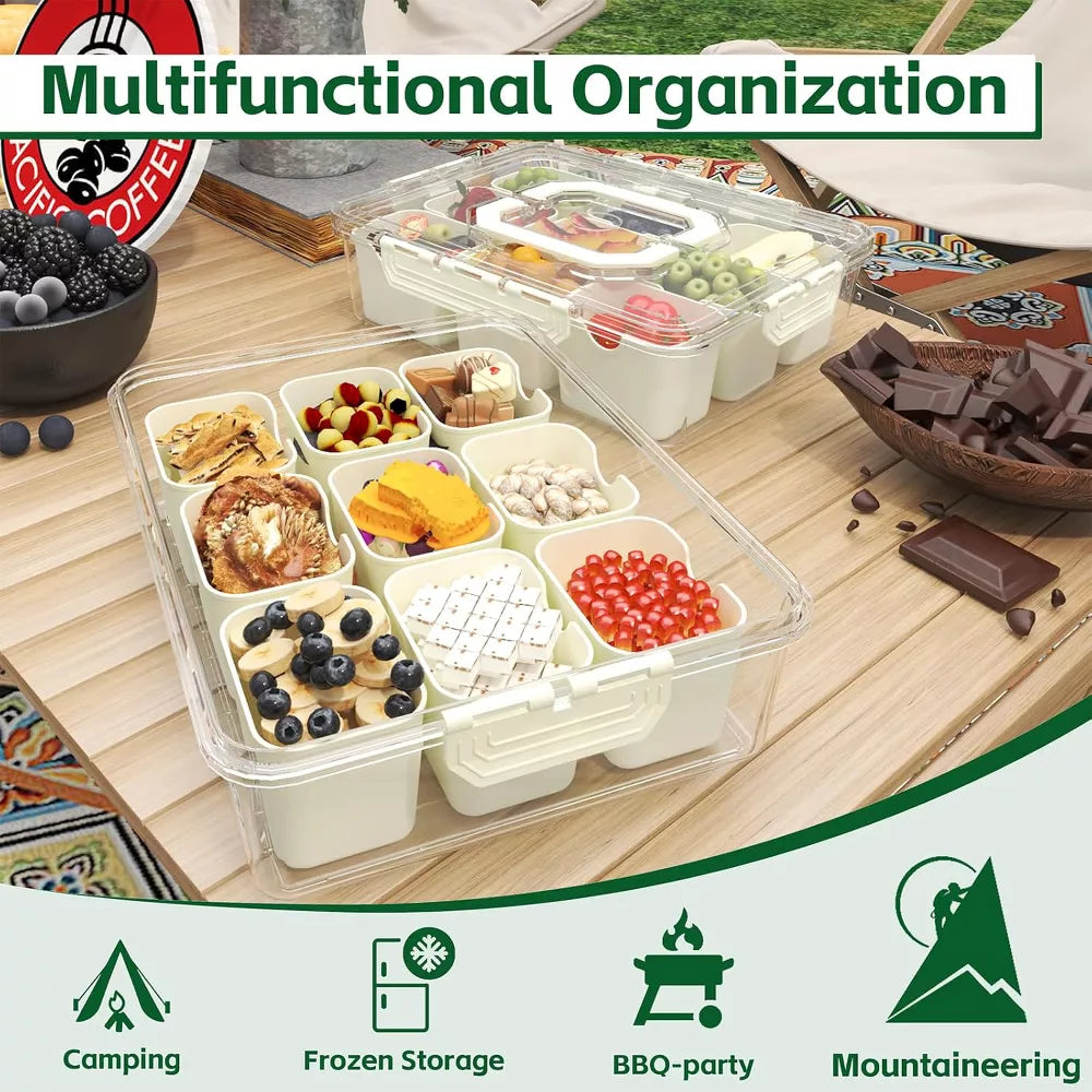 MaseiKar Divided Serving Tray with Lid, 9 Compartment Snack Box, Charcuterie Organizer, Snackle Box for Candy, Nuts, Fruits, Snacks
