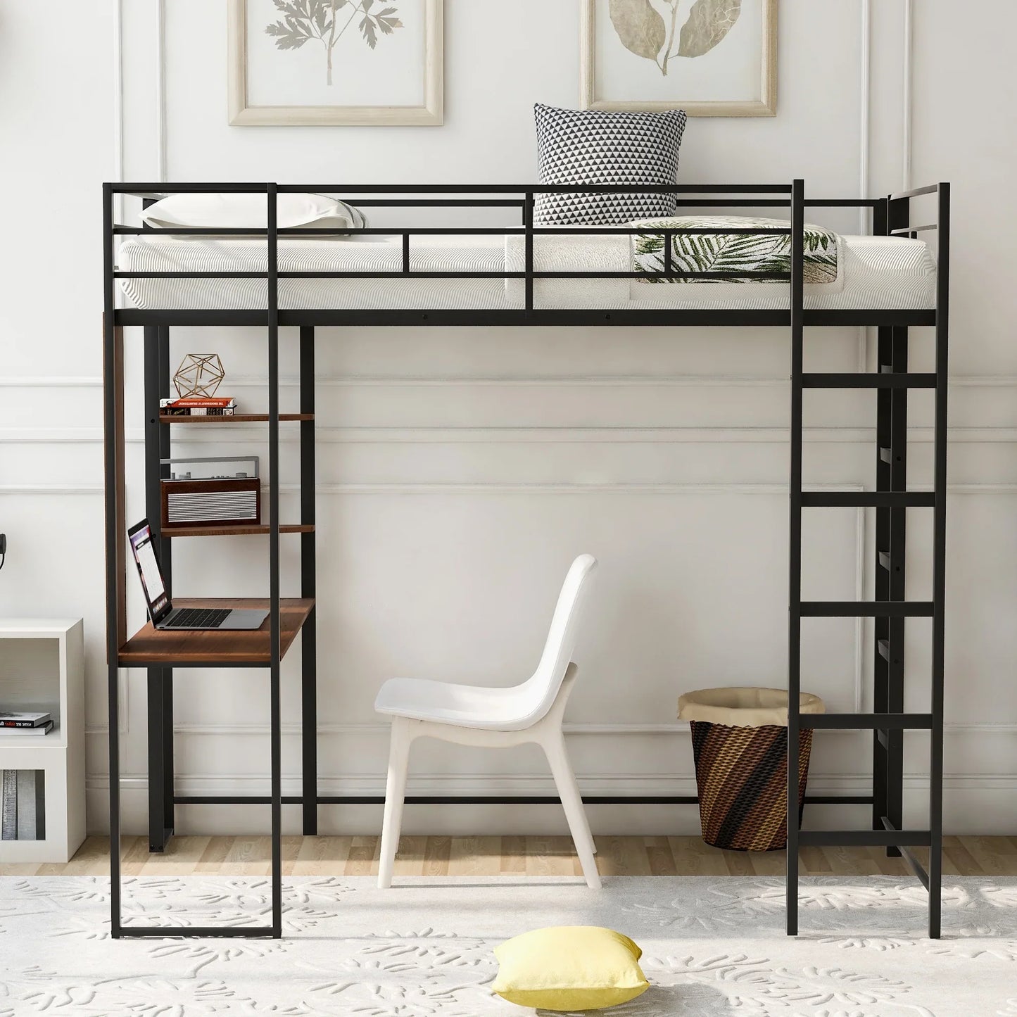 MODERNLUXE 71.6" High Twin Loft Bed,Metal Loft Bed Frame with 2 Shelves, Ladder and Wood Desk,Twin Size Bed Frame for Girls, Boys,Space-Saving,No Box Spring Needed,Black