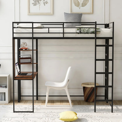 MODERNLUXE 71.6" High Twin Loft Bed,Metal Loft Bed Frame with 2 Shelves, Ladder and Wood Desk,Twin Size Bed Frame for Girls, Boys,Space-Saving,No Box Spring Needed,Black