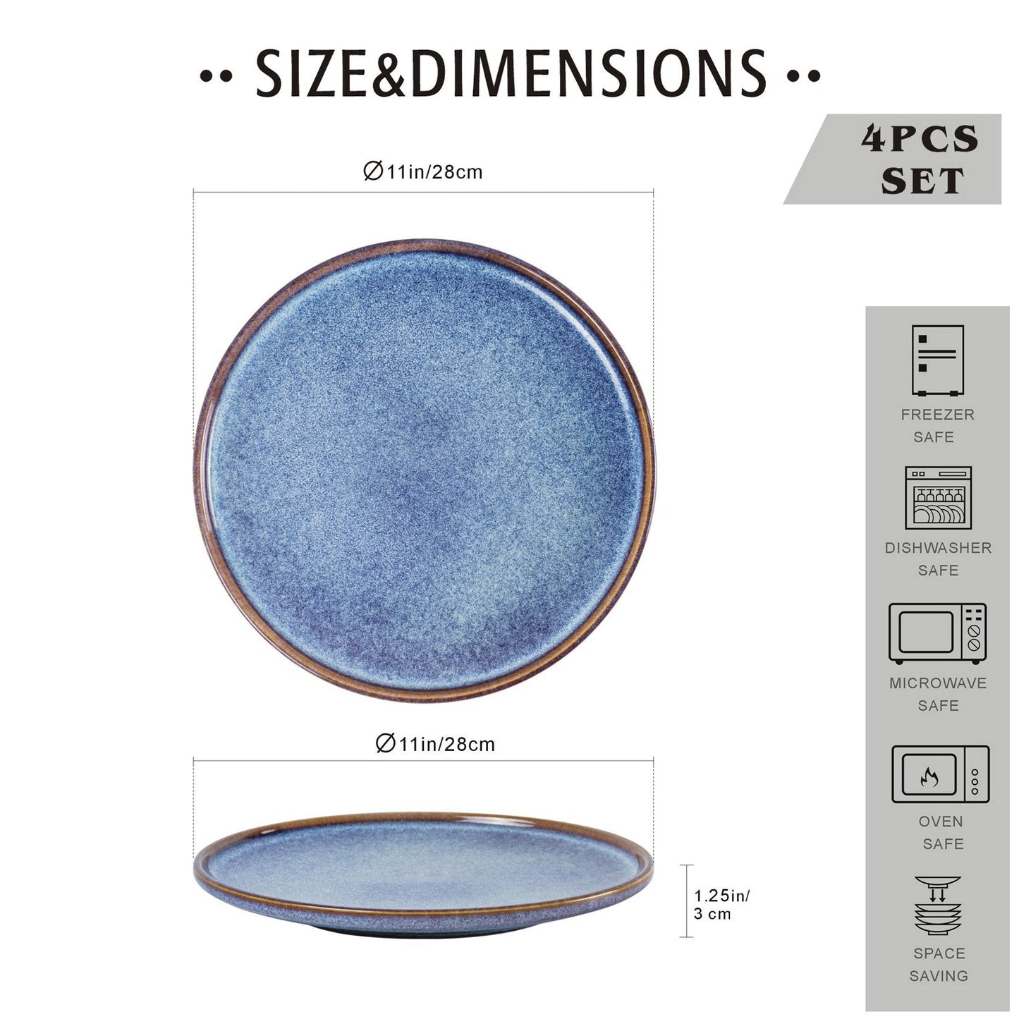 UNICAS Ceramic Dinner Plates Set of 4, 11 Inch Round Dessert Salad Pasta Steak Dishes,Porcelain Dinnerware,Microwave,Oven Dishwasher Safe