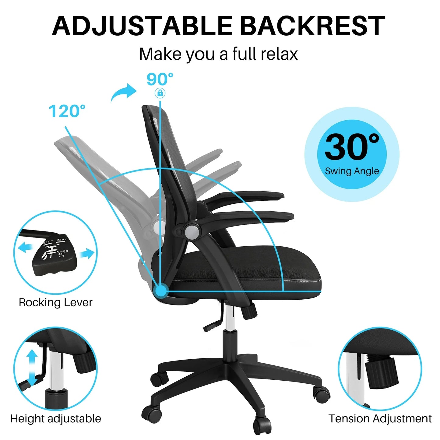 HomeZeer Computer Desk Chair, Middle Back Mesh Office Chair with Flip-up Arms, Swivel Ergonomic Desk Chair, Black