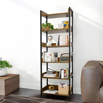 Bookshelf 6 Tier with 4 Hooks, Industrial Bookcase, Vintage Storage Rack with Open Shelves, Rustic Standing Bookshelves Metal Frame Display Rack for Living Room, Bedroom, Rustic Brown
