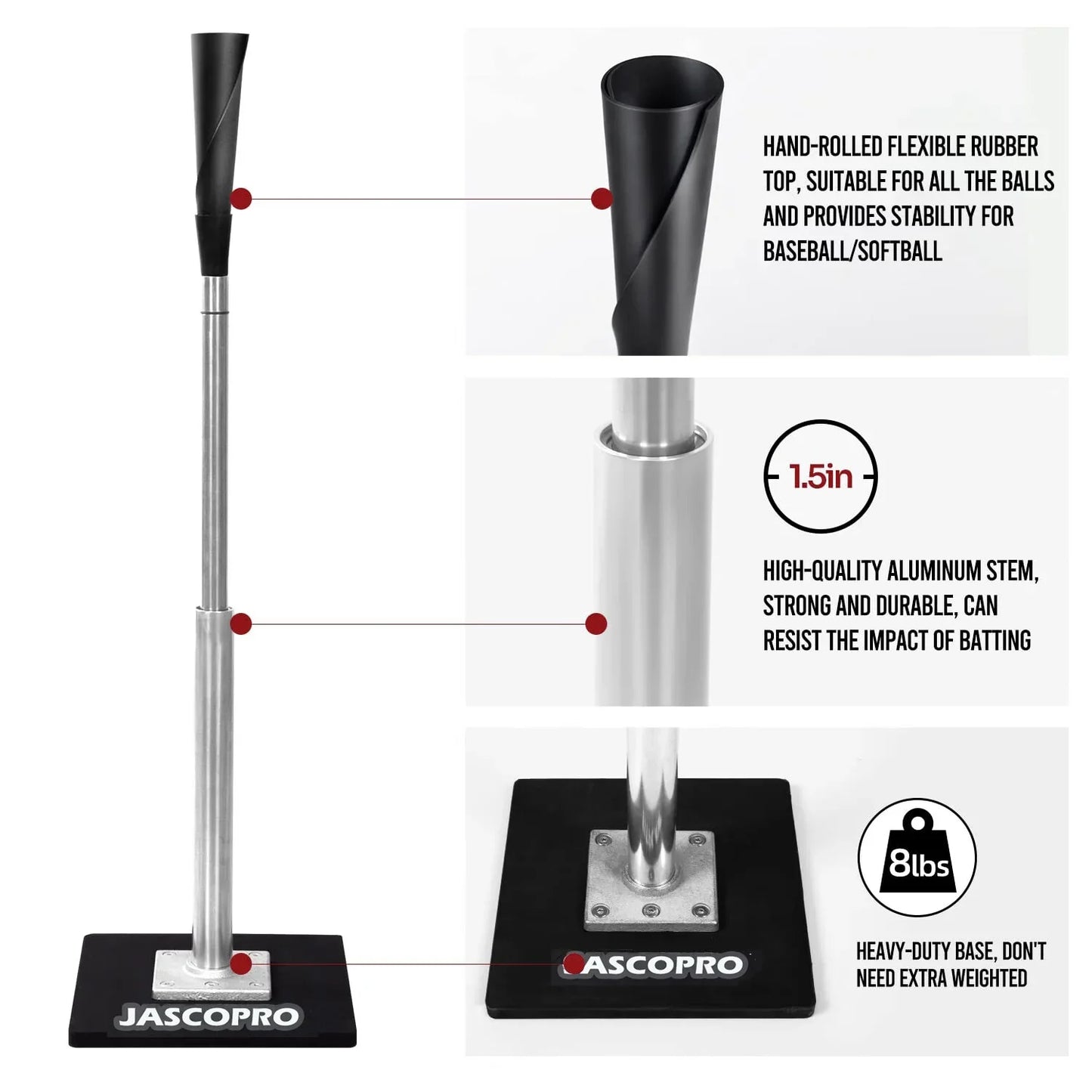 JASCOPRO Metal Baseball Batting Tee, 24-46" Adjustable Height, Handrolled Flexible Rubber Top