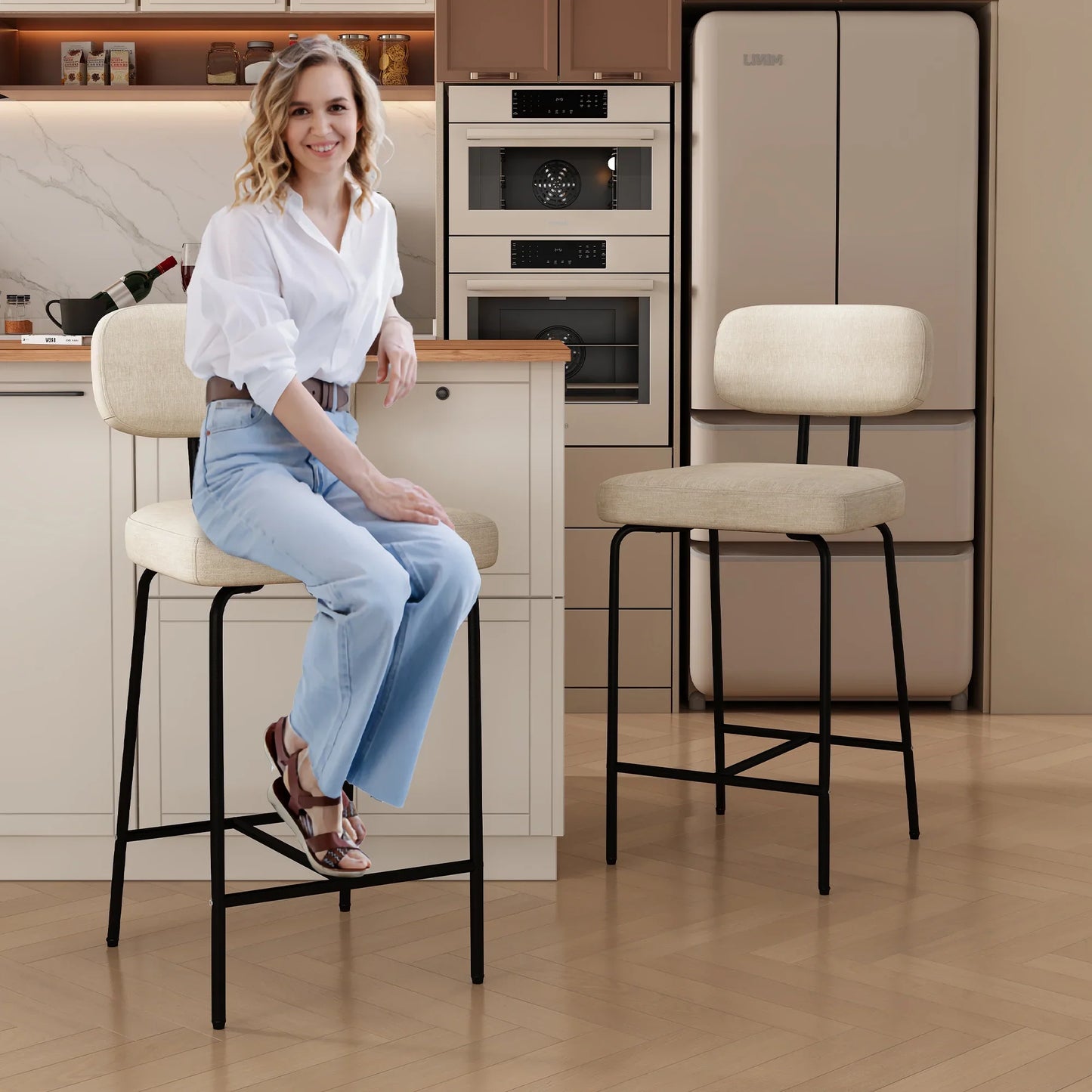 HomeZeer Bar Stools Set of 2, 27" Counter Height Barstools with Back and Footrest, Square Fabric Upholstered Stools, White