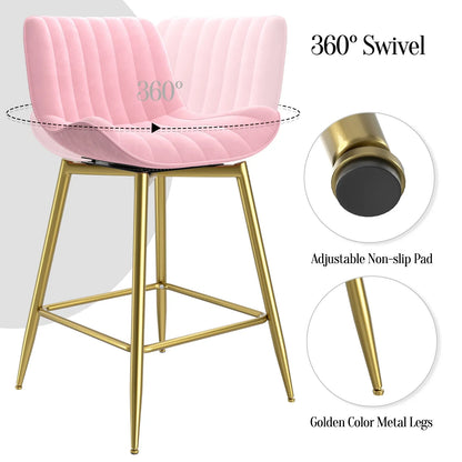 Homezeer 24" Counter Height Bar Stools Set 2 Gold Metal Legs , Velvet Upholstery Kitchen Stools Pink