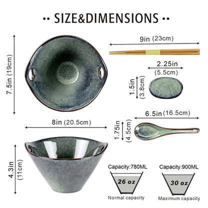 UNICASA 26 OZ Ramen Bowls Set, Ceramic Japanese Noodle Bowls Set of 2, Porcelain Deep Salad Bowl with Chopsticks for Udon, Reactive Glaze, Microwave Safe (Green)