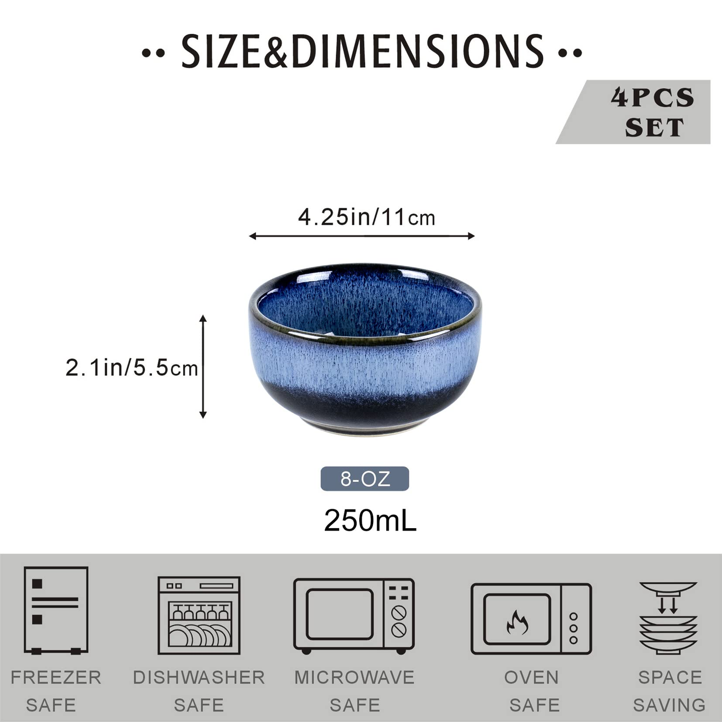 UNICASA Ceramic Small Bowls Dessert bowl - Porcelain 8 oz Bowl Set for Rice Soup Snack Ice Cream Side Dishes - Kitchen Serving Bowls Sets - Microwave and Oven Dishwasher Safe£¨Blue£©