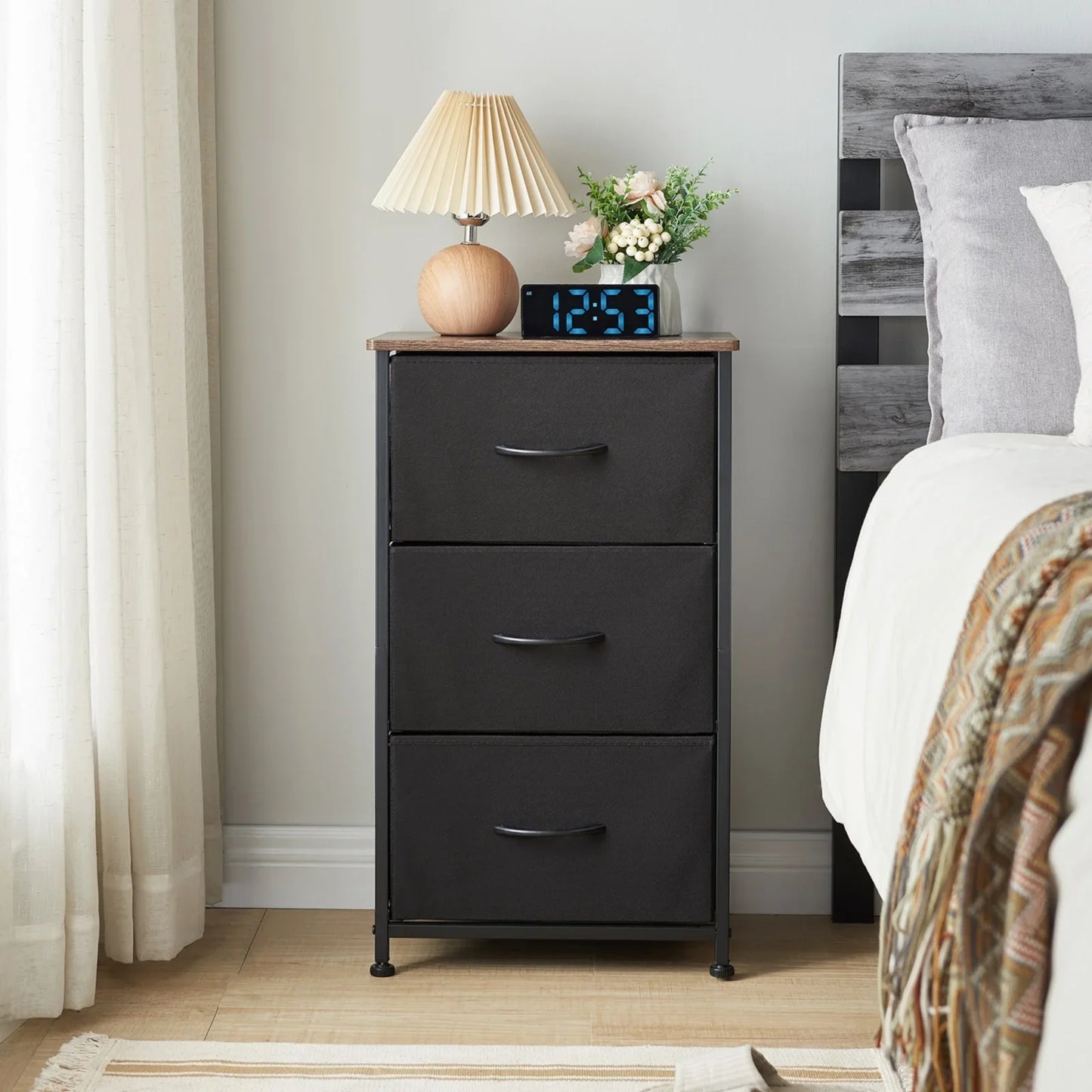 Somdot Nightstand with 3 Removable Fabric Vertical Drawers for Living room, Black Rustic Brown