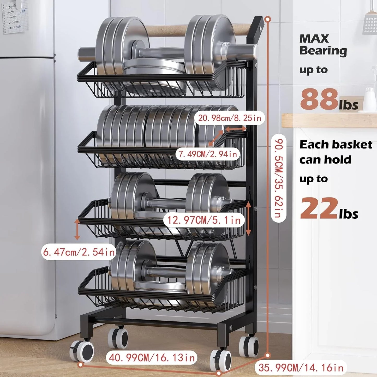 Kitchen Storage Cart with Wheels, 4-Tier Detachable Rolling Cart, Kitchen Vegetable and Fruits Utility Shelf Rack