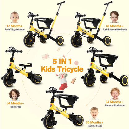 TNTANTS 5 in 1 Toddler Tricycle for 1-3 Years Olds, Toddler Balance Bike with Removable Pedal & Backrest, Parent Push Handle, Colorful Headlights and Kids Music, Birthday Gift for Boy Girl Yellow