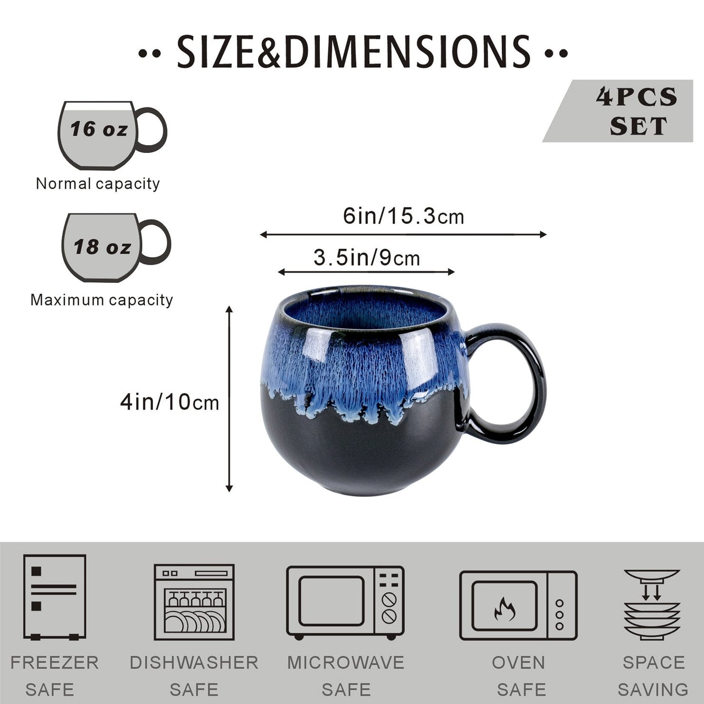 UNICASA Ceramic Coffee Mugs£¬Porcelain Cups Set of 4, 18 oz Tea Drinking Milk Mugs With Handle Dishwasher & Microwave Safe