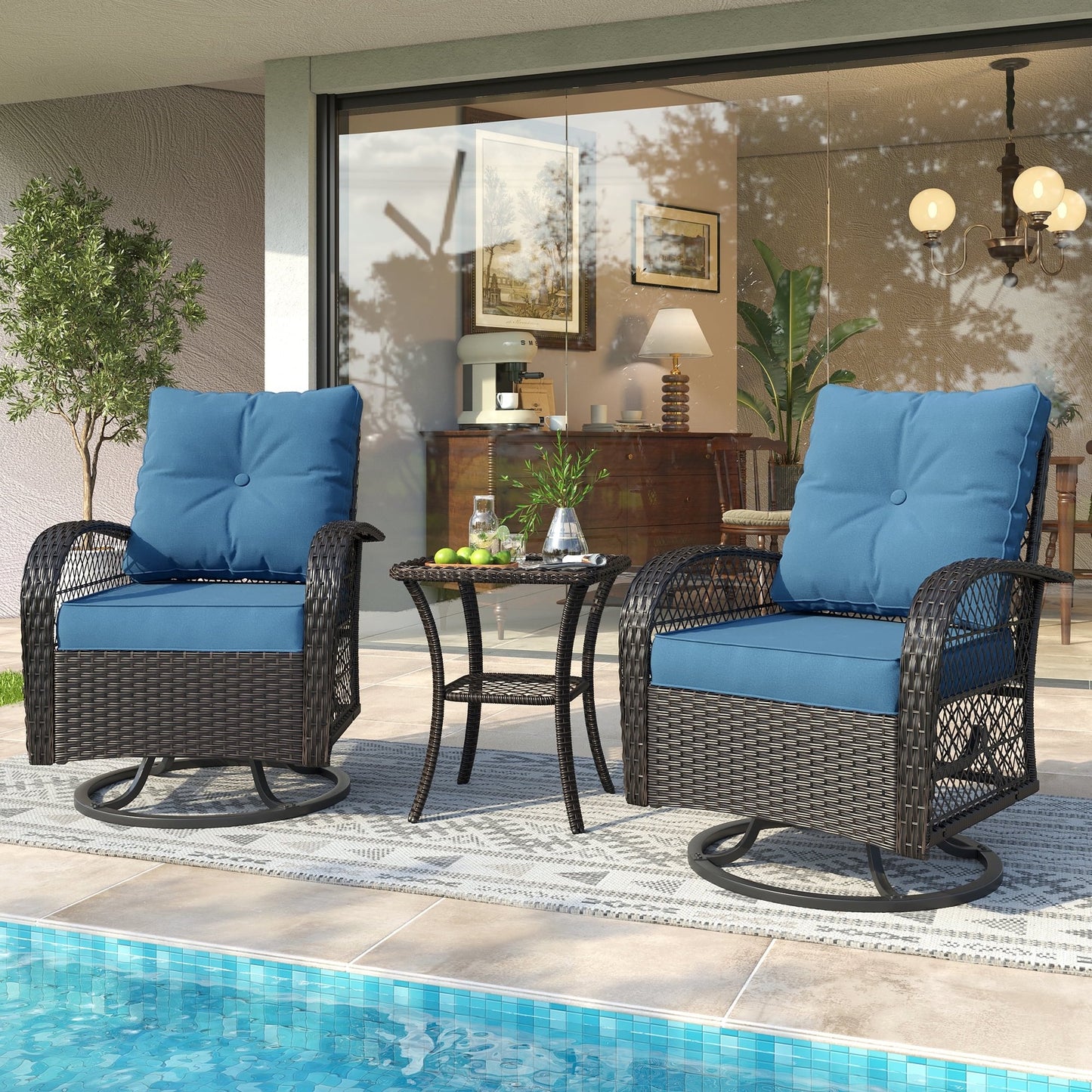 Poteban Outdoor Swivel Rocker Chairs, 3 Piece Patio Rocking Chairs with Padded Cushions Patio Bistro Furniture Set with Side Table for Porch Balcony Backyard