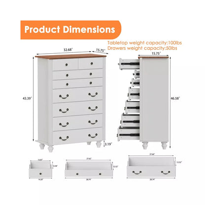 PAKASEPT 43" Farmhouse 8 Drawers Dresser for Bedroom, Tall Wood Chest of Drawers with Vintage Handle for Bedroom, Living Room