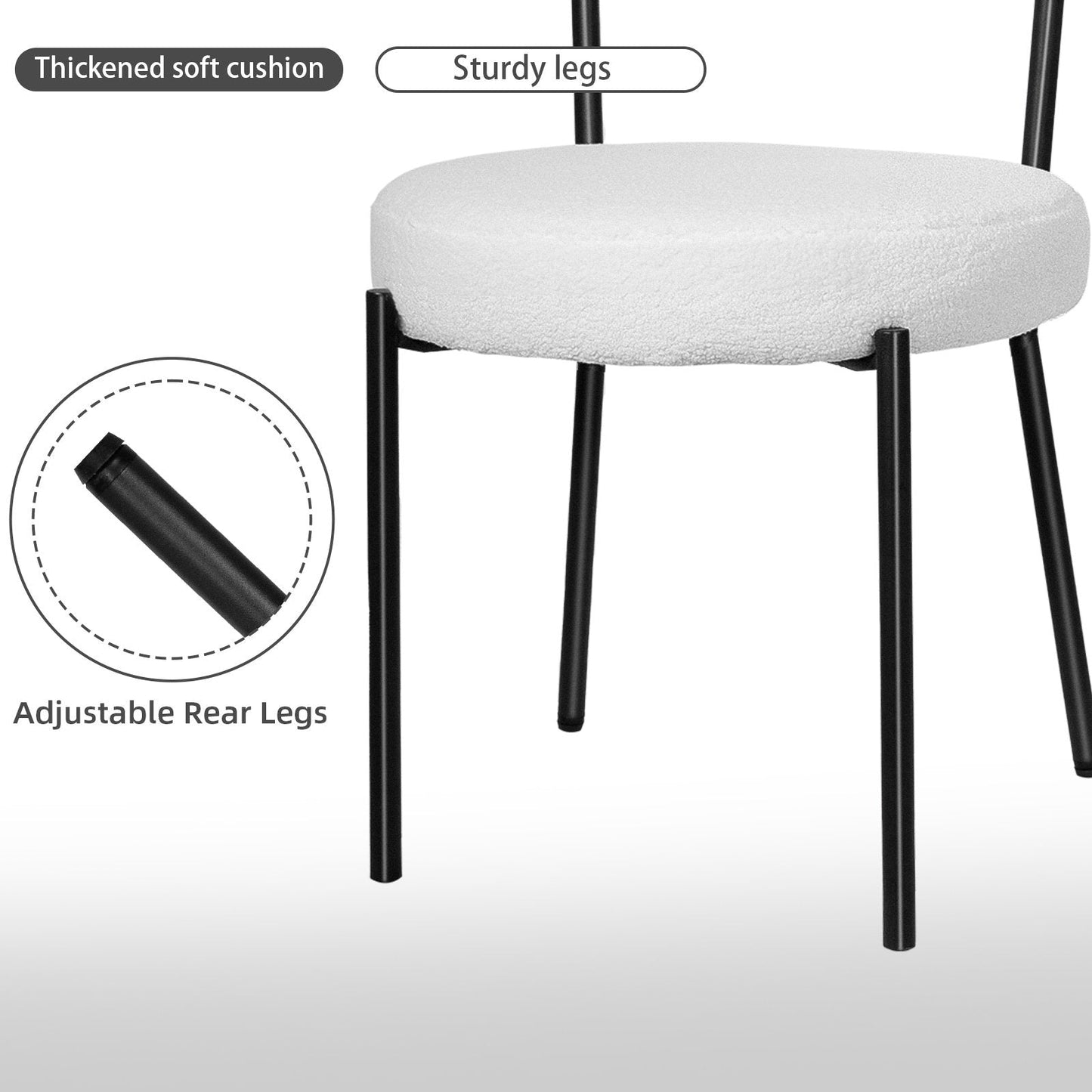 HomeZeer Dining Chair Set of 2, Modern Boucle Upholstered Dining Chair, Dining Room Round Seat with Curved Backrest, White Dining Room Chairs with Black Metal Legs for Kitchen