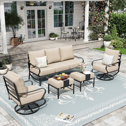 Poteban Patio Furniture Set 5 Pcs, Metal Outdoor Furniture Patio Set, 3-Seat Sofa, 2 x Swivel Chairs, 2 x Ottomans for Backyard Porch Garden, Beige