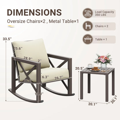 ECOPATIO Rocking Chair Bistro Set,3 Piece Outdoor Patio Furniture Set with 2 Rockers and 1 Metal Coffee Table with Thick Cushions for Porch,Backyard,Poolside,Beige