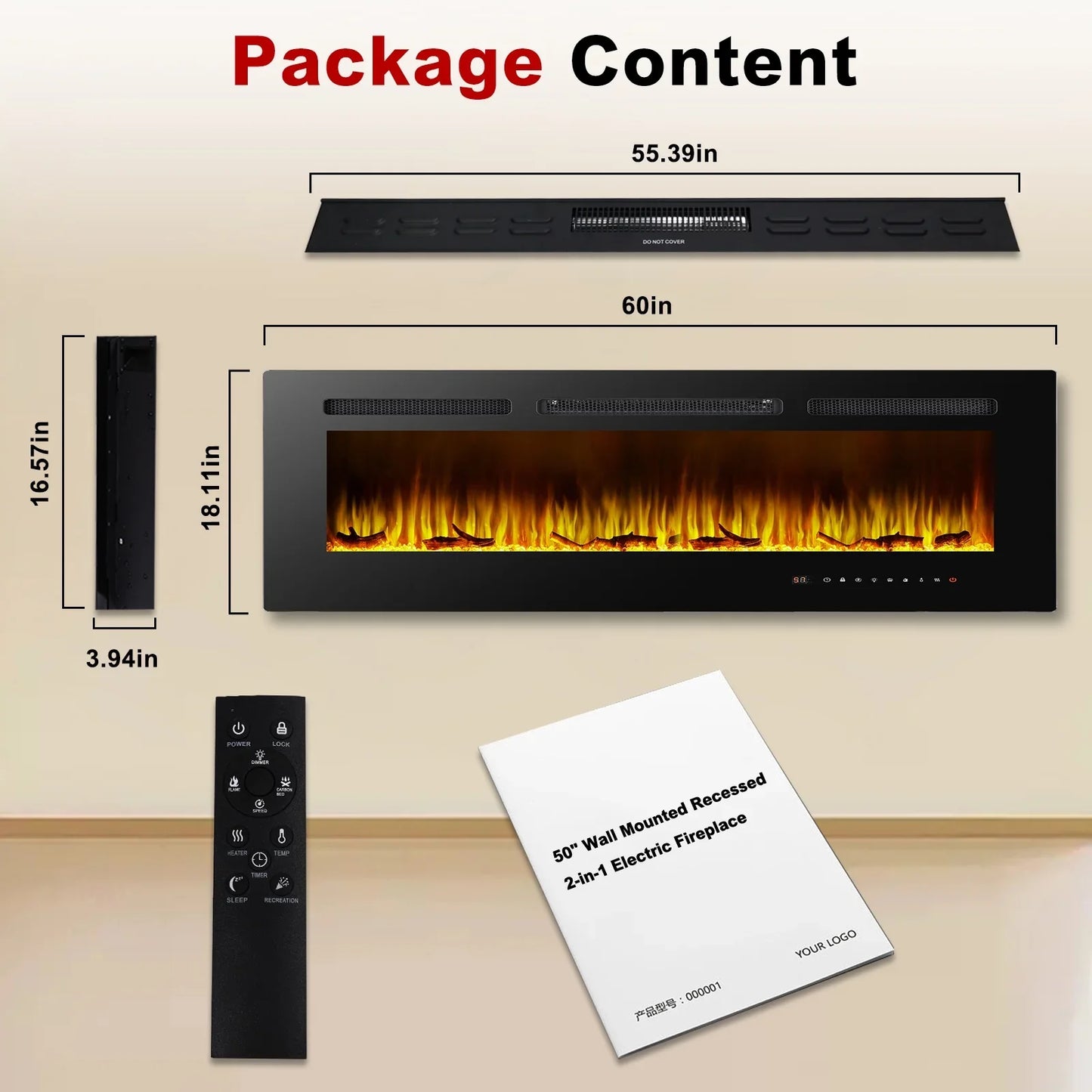 60 inch Electric Fireplace in-Wall Recessed, Wall Mounted Fireplace Heater, Linear Fireplace with Multicolor Flame, Timer, Low Noise, 750/1500W, Touch Screen & Remote Control