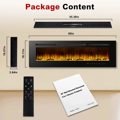 60 inch Electric Fireplace in-Wall Recessed, Wall Mounted Fireplace Heater, Linear Fireplace with Multicolor Flame, Timer, Low Noise, 750/1500W, Touch Screen & Remote Control