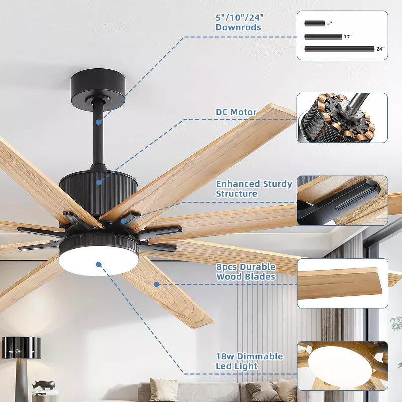 BestParts 76-Inch Smart Ceiling Fan with Dimmable Tri-Color LED Control, DC Motor, 6 Speeds, Solid Wood Blades