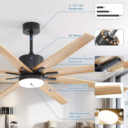 BestParts 76-Inch Smart Ceiling Fan with Dimmable Tri-Color LED Control, DC Motor, 6 Speeds, Solid Wood Blades