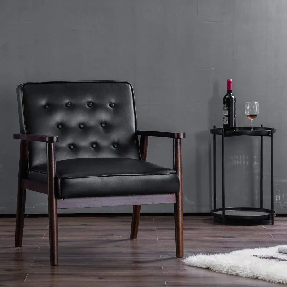 Mid-Century Retro Modern Solid Wood Armrest Accent Chair, Faux Leather Tufted Back Upholstered Lounge Chairs, Living Room Furniture
