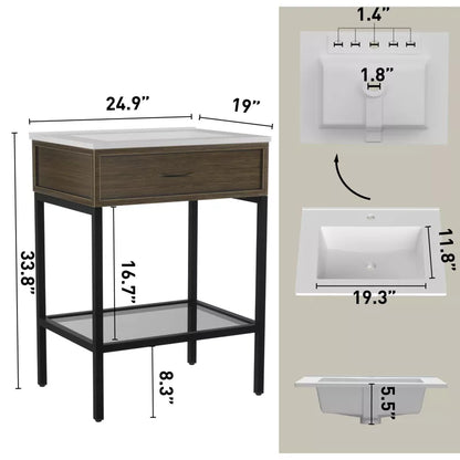 Bathroom Vanity with Resin Sink, Freestanding Modern Bathroom Cabinet Set with Metal Frame and Open Storage Glass Shelf