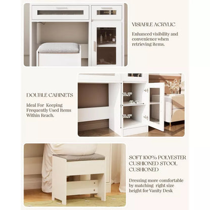 HYLEORY Vanity Desk with Mirror, Power Outlet and 10 Lights, Makeup Table with 3 Drawers, 3 Color Modes Available for Bedroom,White