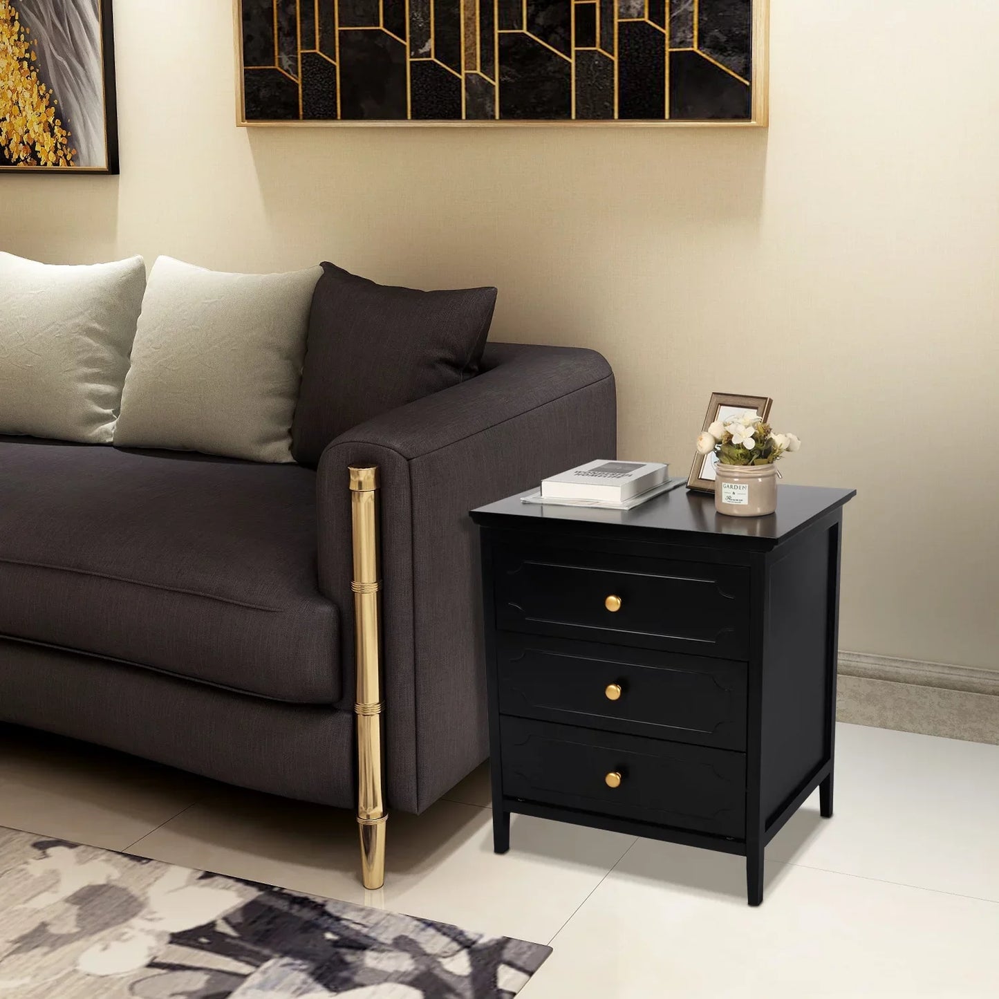 3 Drawer Nightstand Black Side Table Bedroom End Table for Living Room Bedroom with Storage 1 Set Bedroom Furniture