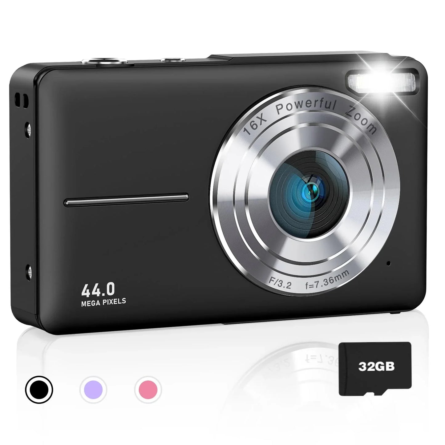 FHD 1080P Portable Digital Camera with 16X Zoom Anti Shake and 32GB SD Card, Compact Point and Shoot Camera