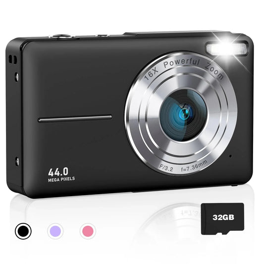 FHD 1080P Portable Digital Camera with 16X Zoom Anti Shake and 32GB SD Card, Compact Point and Shoot Camera