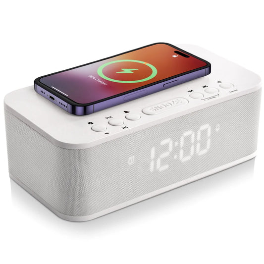 Fansbe Digital Alarm Clock Bluetooth, Wireless Charging Vibrating Alarm Clock USB Snooze White