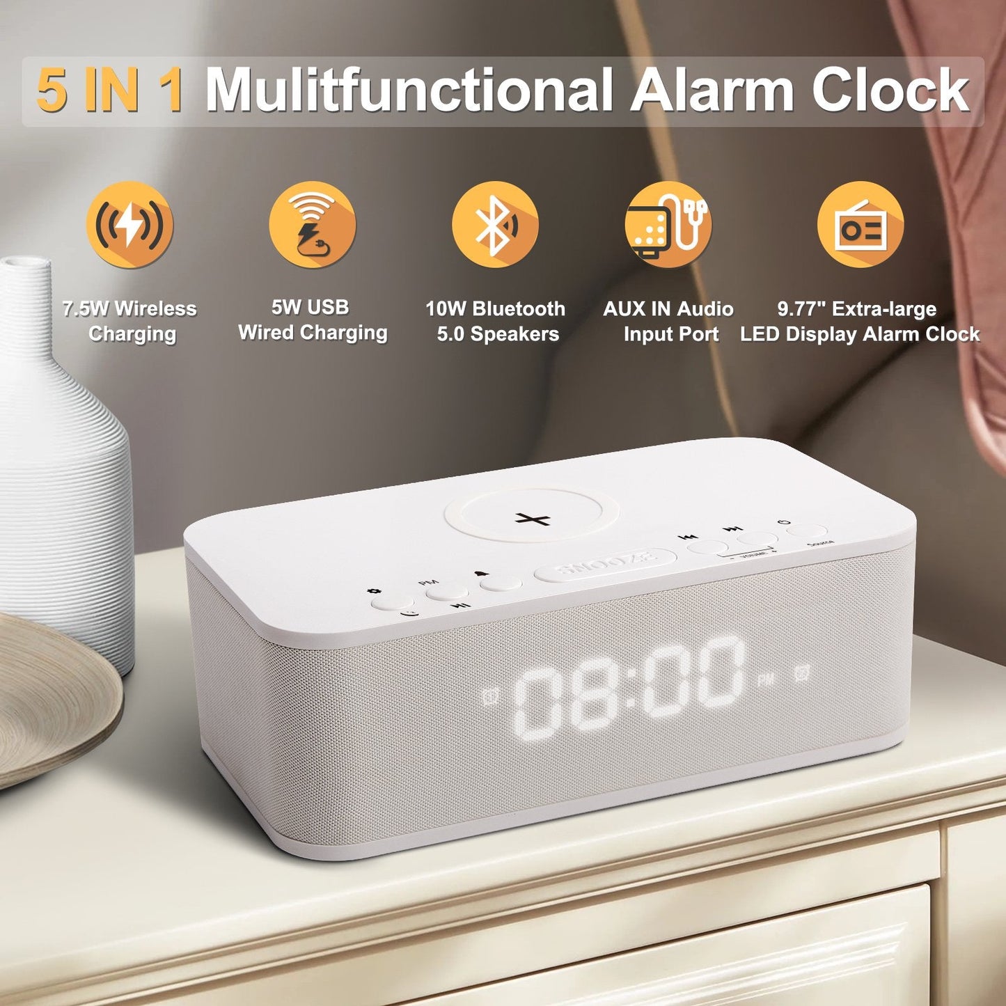 Fansbe Digital Alarm Clock Bluetooth, Wireless Charging Vibrating Alarm Clock USB Snooze White