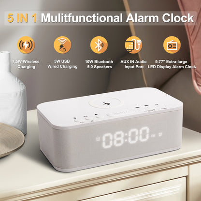 Fansbe Digital Alarm Clock Bluetooth, Wireless Charging Vibrating Alarm Clock USB Snooze White