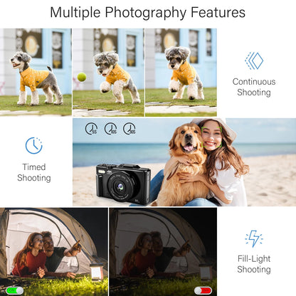 MARVUE Digital Camera 4K 64MP Vlogging Camera for YouTube Auto-Focus 18X Zoom 3" 180° Flip Screen Compact Video Camera with 32GB Card