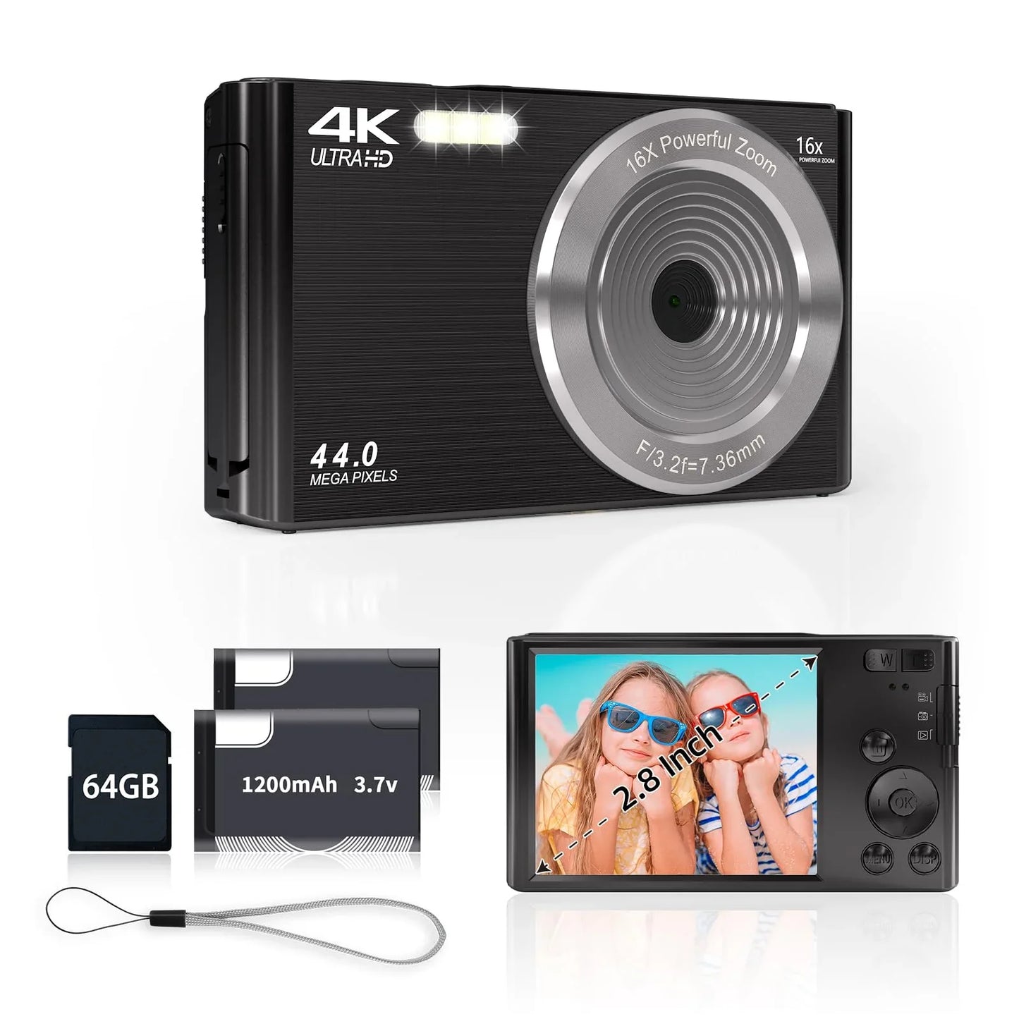 FHD 4K 44MP Digital Camera with 64GB Card 16X Digital Zoom, Compact Point and Shoot Camera (Black)