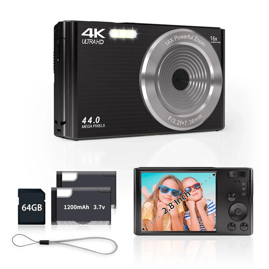 FHD 4K 44MP Digital Camera with 64GB Card 16X Digital Zoom, Compact Point and Shoot Camera (Black)