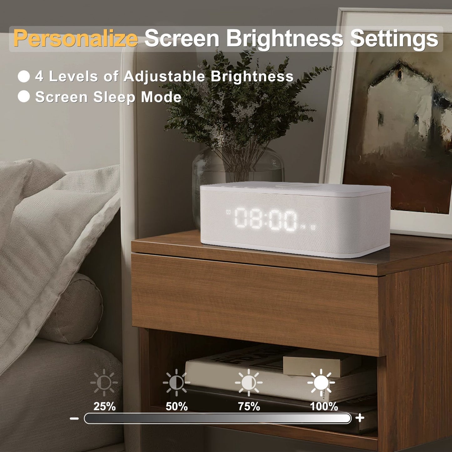 Fansbe Digital Alarm Clock Bluetooth, Wireless Charging Vibrating Alarm Clock USB Snooze White