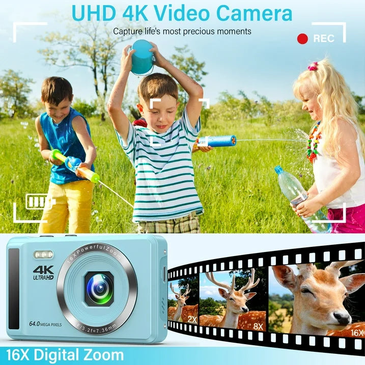 MARVUE Digital Camera 4K UHD 64MP Vlogging Camera, Autofocus Compact Camera with 16X Digital Zoom, Point and Shoot Digital Camera with 32GB SD Card & 2 Batteries - Blue