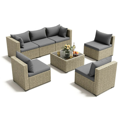 Poteban 7 Piece Outdoor Patio Furniture Set, Grey Rattan Wicker Outdoor Conversation Sectional Sofa Set with Cushions for Backyard, Gray