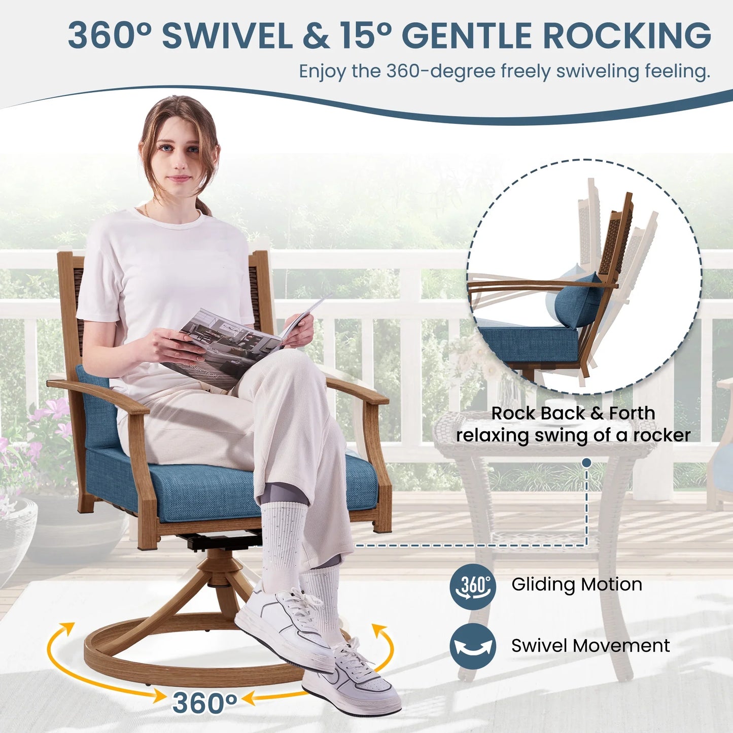 ECOPATIO Patio Swivel Chairs Set of 2, All Weather Swivel Rocker Chairs with Hand-Painted Metal Frame, for Backyard Deck Lawn (Blue)