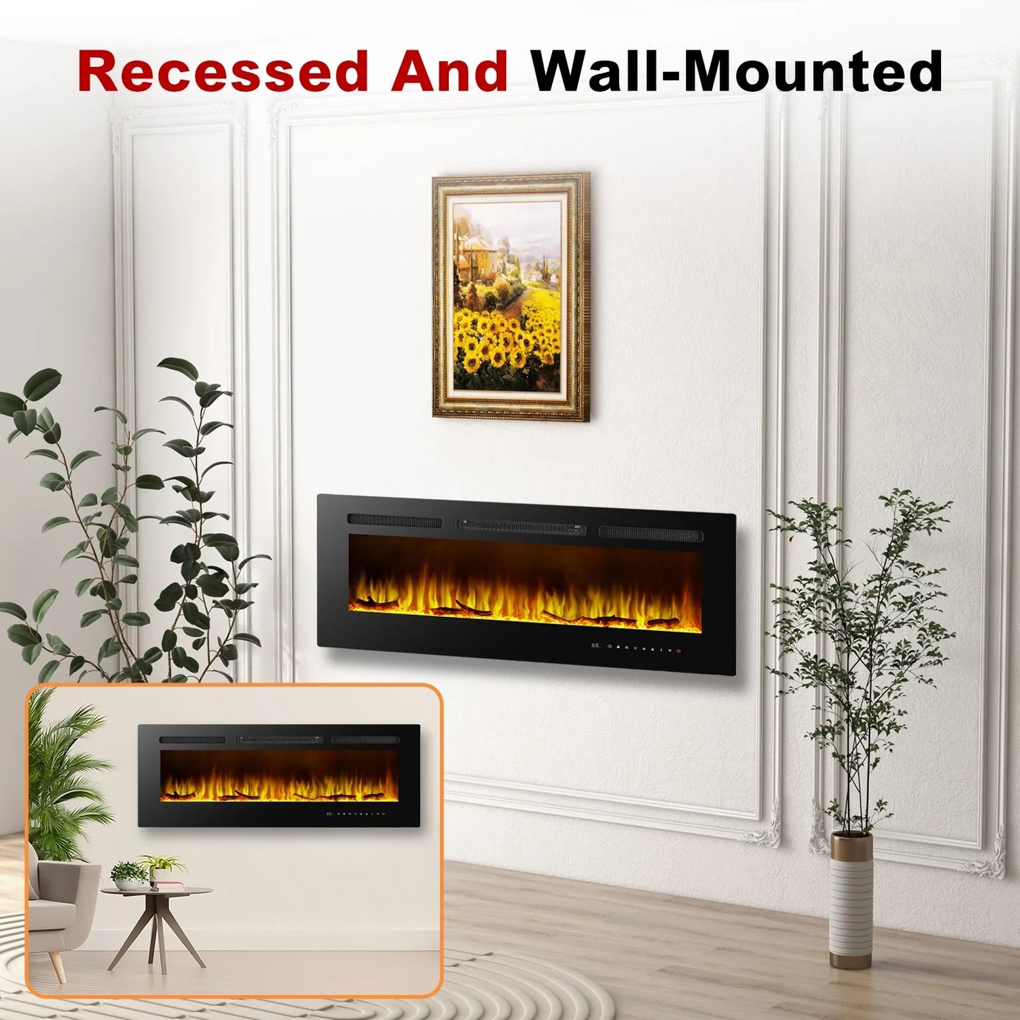 50 inch Electric Fireplace in-Wall Recessed, Wall Mounted Fireplace Heater, Linear Fireplace with Multicolor Flame, Timer, Low Noise, 750/1500W, Touch Screen & Remote Control