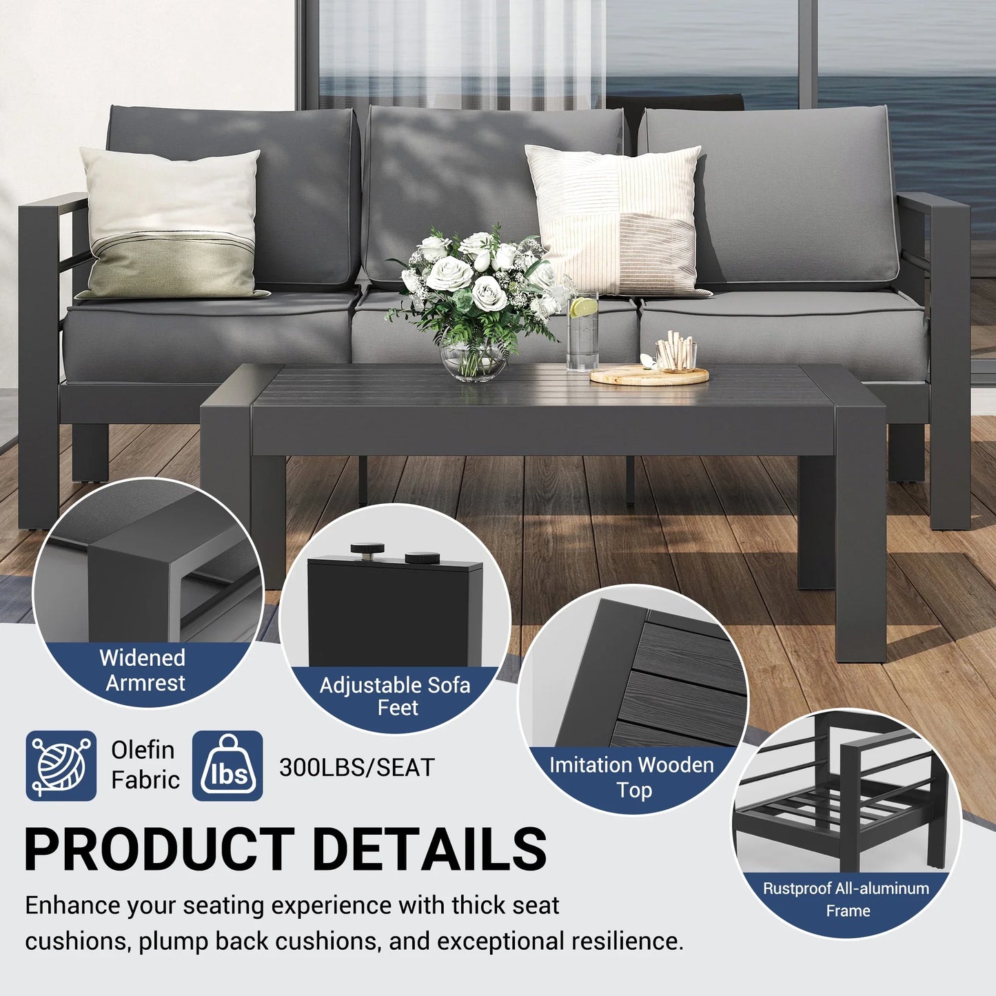 ECOPATIO Aluminum Patio Furniture Set, 6 Pcs Modern Outdoor Sofa Sets, Outdoor Sectional Patio Conversation Set with Coffee Table for Backyard, Poolside, Dark Grey