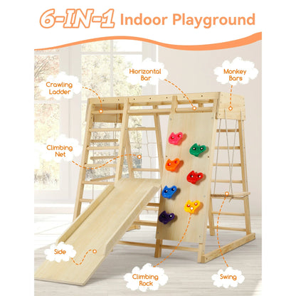Indoor Baby Climbing Toys, Playground Jungle Gym Montessori Waldorf Style Wooden Toddlers Climber Playset for Children Kids 2-7 with Slide, Climbing Wall, Rope Wall Net, Swing, Ladder