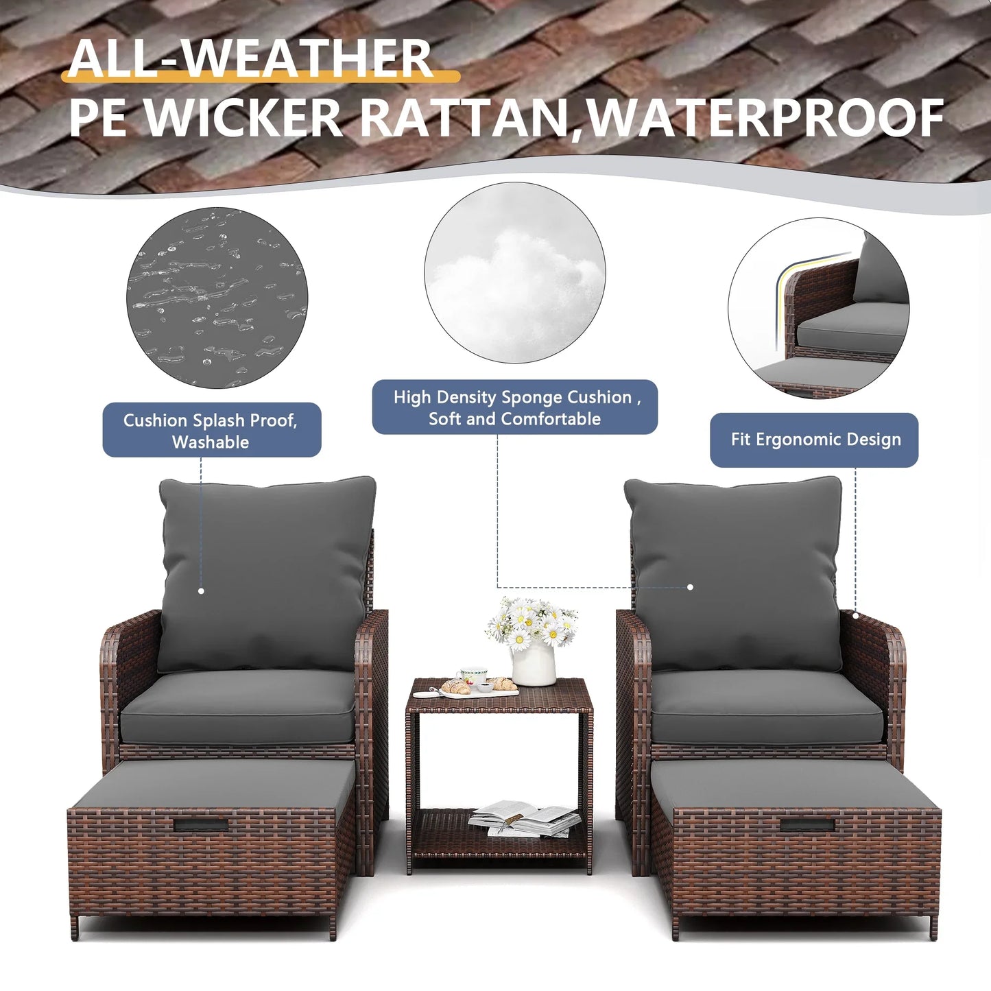 ECOPATIO 5 Piece Patio Furniture Set, Outdoor Patio Conversation Rattan Chair with Ottomans w/Storage Coffee Table for Patio, Space Saving Design for Balcony Poolside Front Porch Deck,Gray