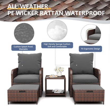 ECOPATIO 5 Piece Patio Furniture Set, Outdoor Patio Conversation Rattan Chair with Ottomans w/Storage Coffee Table for Patio, Space Saving Design for Balcony Poolside Front Porch Deck,Gray