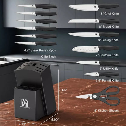Knife Set, Vestaware 14 Pcs Kitchen Knife Set, Practical One-Piece Knife Block Set, Ultra Sharp Stainless Steel Knives Set Ergonomic Anti-slip Handle
