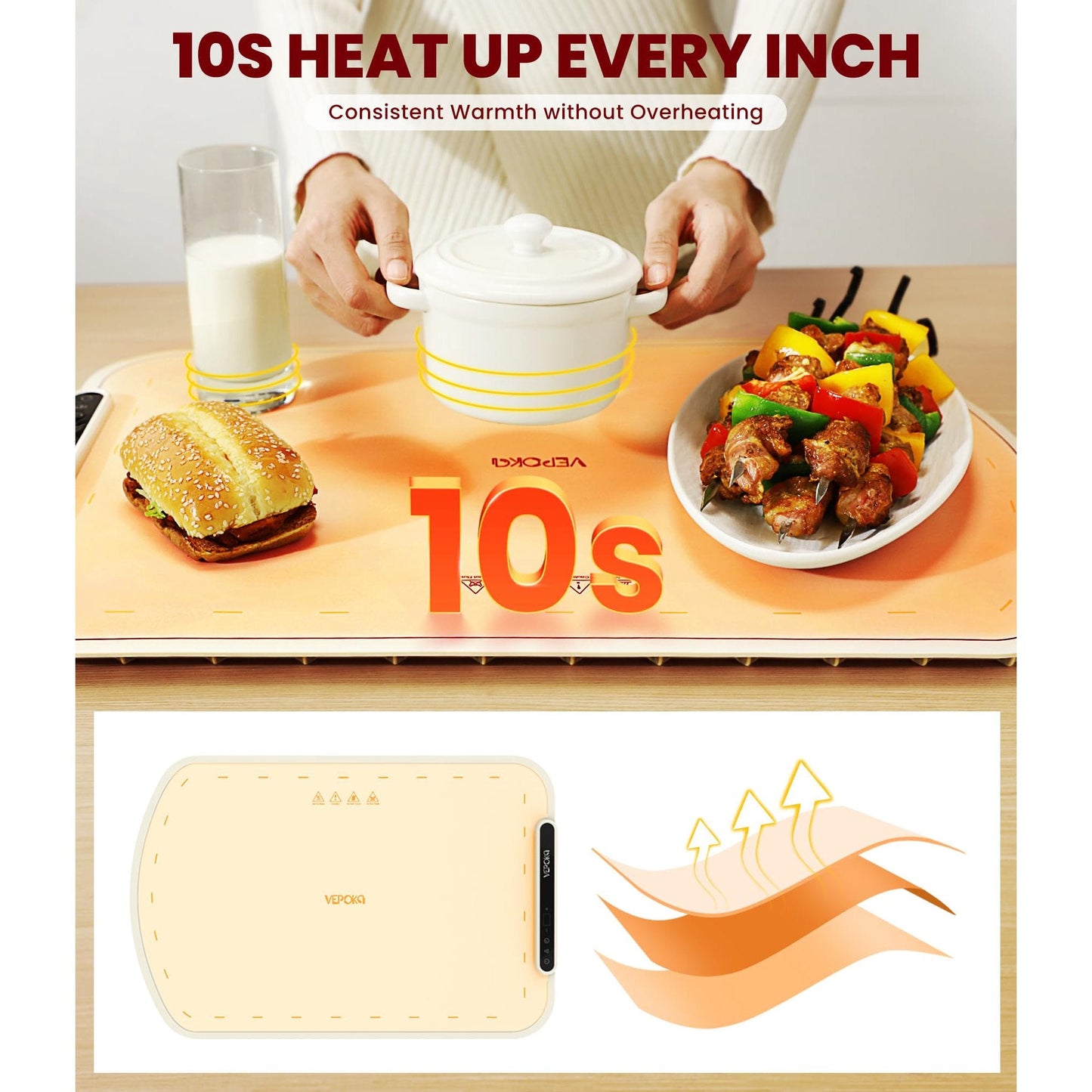 CATGOOD Warming Mat for Food, Electric Warming Tray to Keep Food Warm at Party, Silicone Heating Mat with 7 Temperature Levels& Auto Shut-Off, Food Warmers, White