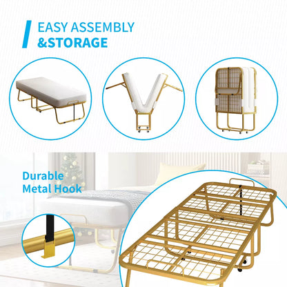 Mjkone Folding Bed with Memory Foam Mattress, Single Rollaway Bed for Guests, Space Saving Portable Bed with Lockable Wheels, Easy Assembly & Moving