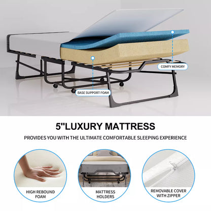 Mjkone Adult Folding Bed with Memory Foam Mattress Sleeper Wood Slats Black 75*32