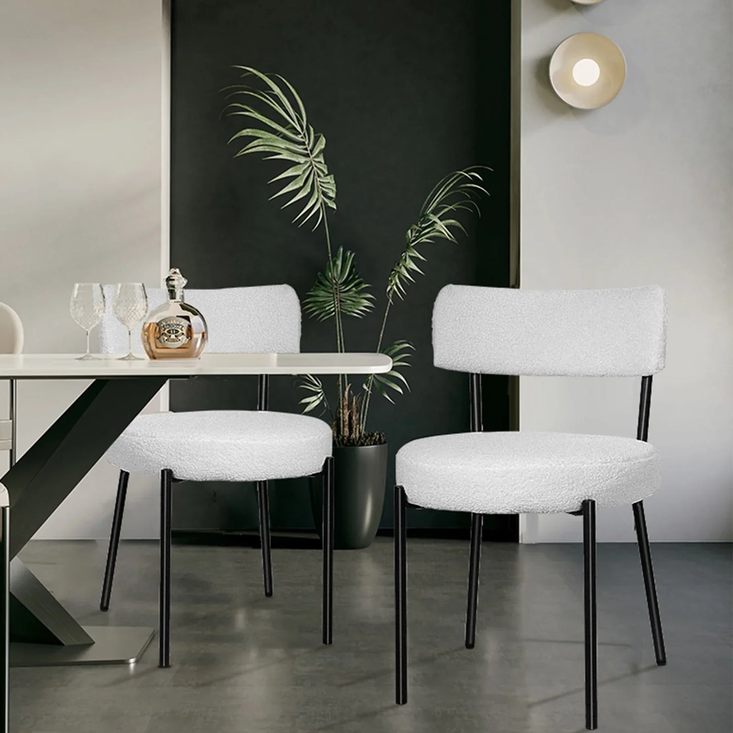 HomeZeer Dining Chair Set of 2, Modern Boucle Upholstered Dining Chair, Dining Room Round Seat with Curved Backrest, White Dining Room Chairs with Black Metal Legs for Kitchen